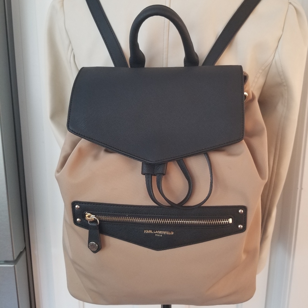 EUC Karl Lagerfeld Paris Large Tan/Black Nylon Backpack/Shoulder Bag - Picture 5 of 16